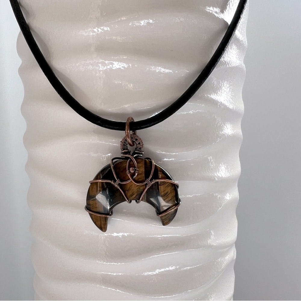 Artisan Copper Wire Wrapped Crescent Moon Tigers Eye Cabochon Necklace - Picture 11 of 11